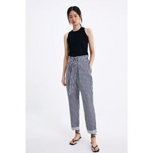 Zara | Paperbag Tie-Waist Pants in Blue Stripe